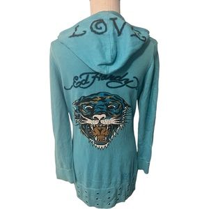 Ed Hardy 100% Cotton Tiger 🐅 Hoodie Light Blue